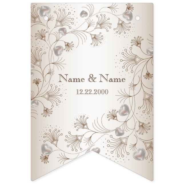 Bannière À Fanions Soirée de mariage Tan Floral Coeur Beige Elégant (Premier drapeau)