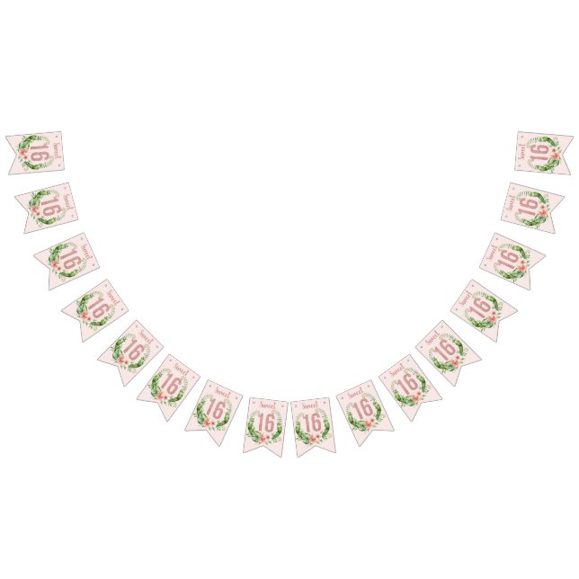 Bannière À Fanions Sweet 16 Rose Parties scintillant or Fille Floral (Tout)