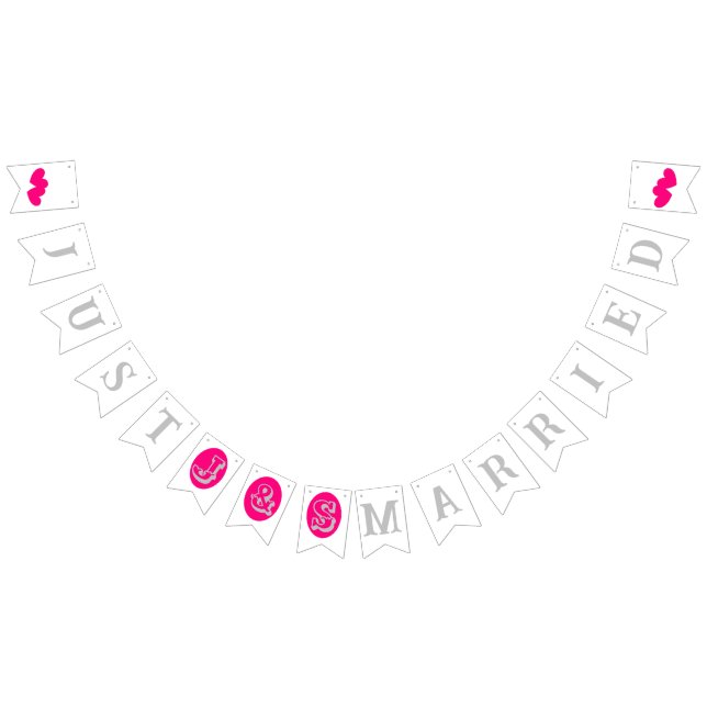 Bannière À Fanions Texte et initiales en argent, coeur magenta sur bl (Tout)