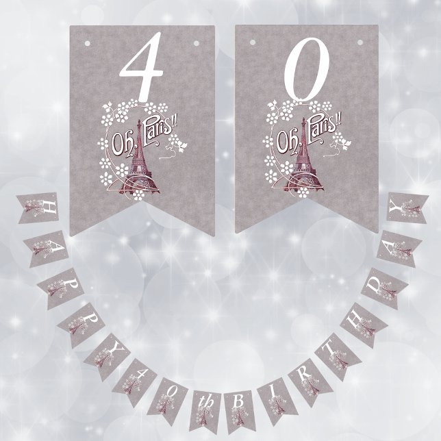 Bannière À Fanions Tour Eiffel Blanc Fleurs de marguerite Gris Annive (Eiffel tower in France white daisy flowers Oh Paris on grey Happy Birthday banner.)