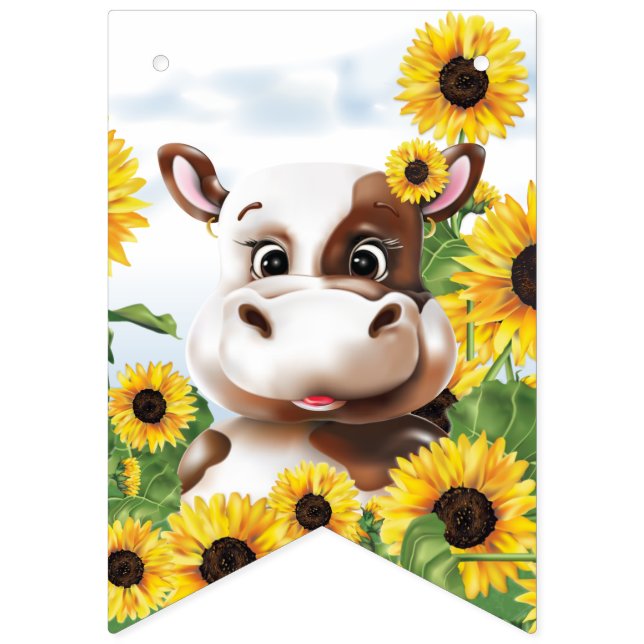 Bannière À Fanions Tournesol de vache Joyeux anniversaire (Premier drapeau)