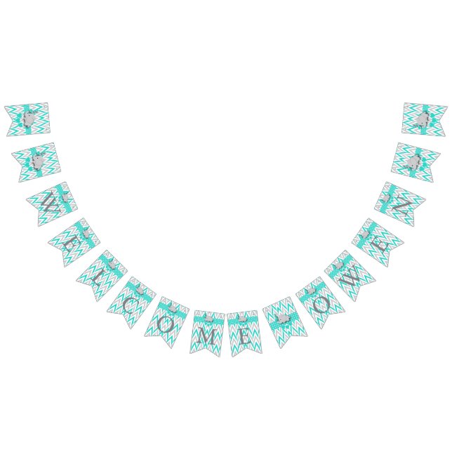 Bannière À Fanions Turquoise, gris blanc 🐘 Elephant Bienvenue bébé (Tout)