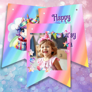 Bannière À Fanions Unicorne d'anniversaire de la fille personnalisée