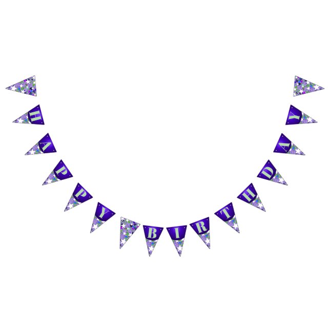Bannière À Fanions White Stars Purple Mint Green Happy Birthday Fun (Tout)