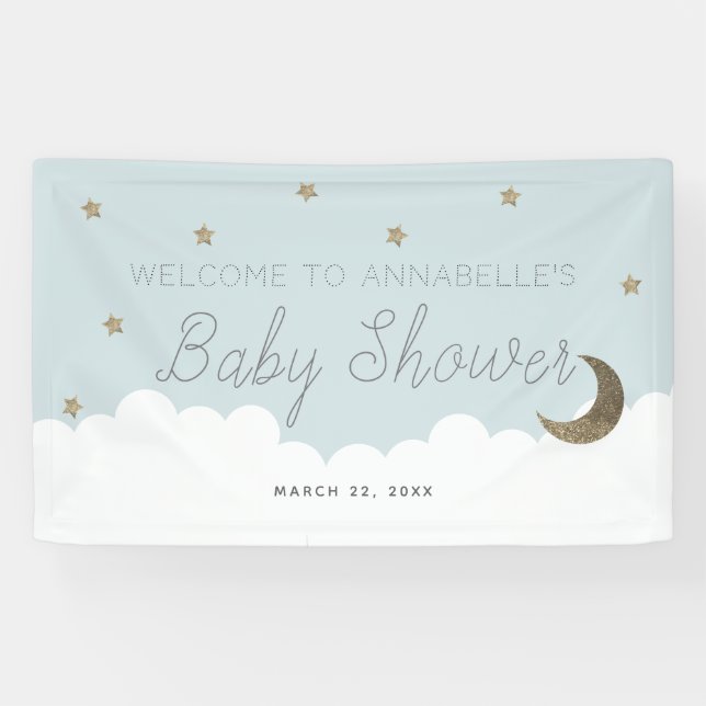 Bannière Baby shower bleu Gold Stars & Moon (Horizontal)