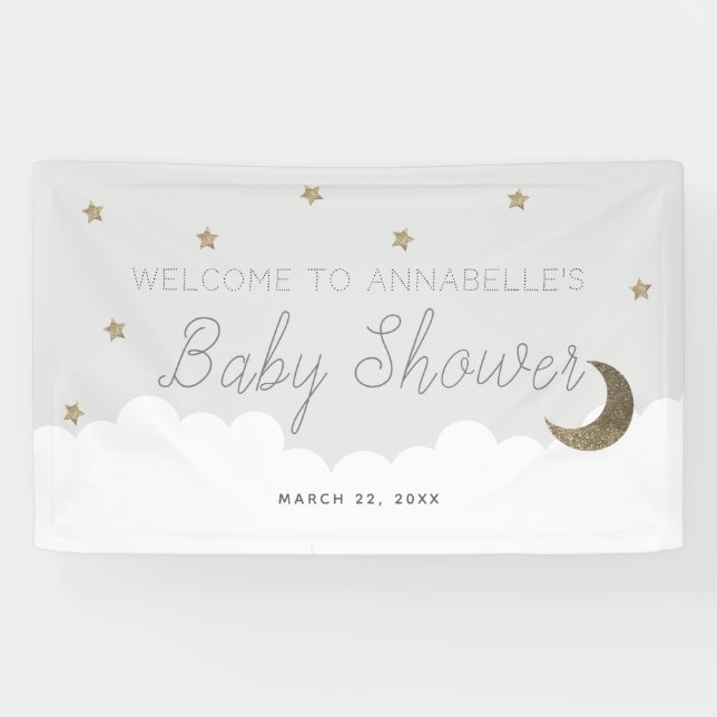 Bannière Baby shower Gold Stars & Moon Grey (Horizontal)