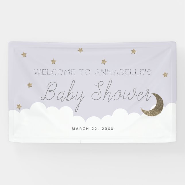 Bannière Baby shower Gold Stars & Moon Lilac (Horizontal)
