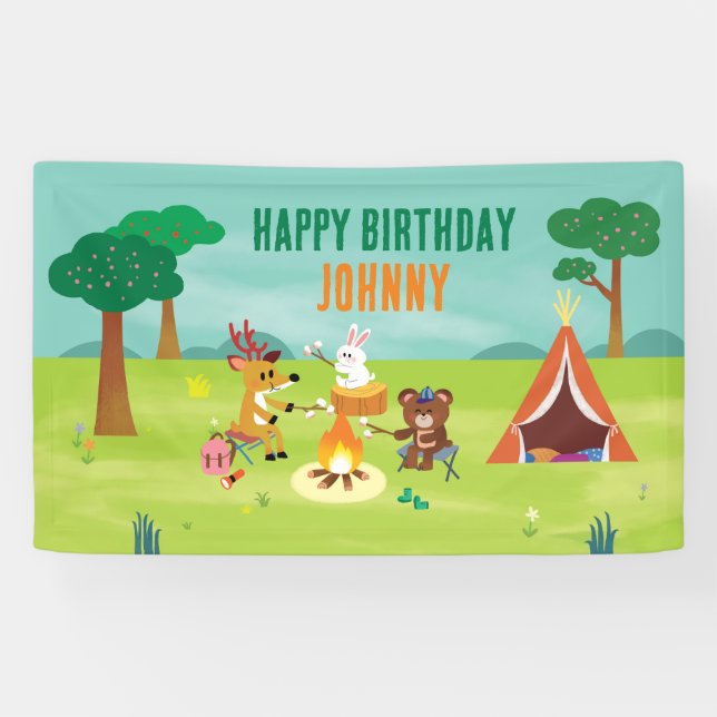 Bannière d'anniversaire à thème du camping (Horizontal)