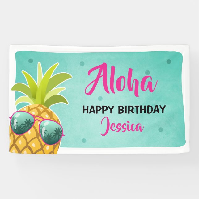 Bannière d'anniversaire Aloha Pineappy Tropical Lu (Horizontal)