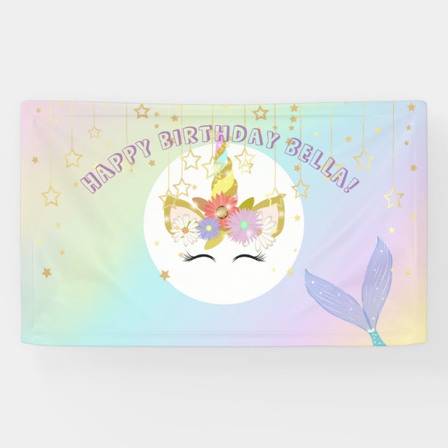 Bannière d'anniversaire de licorne de sirène (Horizontal)