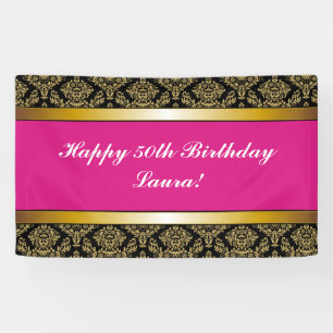 Bannière d'anniversaire en or Damask de Hot Pink