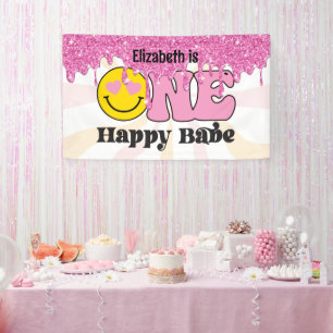 Bannière d'anniversaire Groovy Peach Pink One Happ