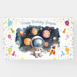 Bannière d'anniversaire joyeux astronaute espace e