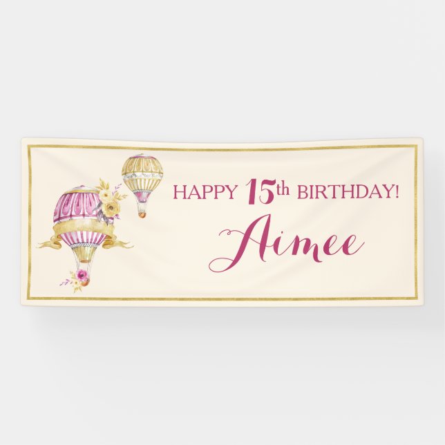 Bannière d'anniversaire Pink+Gold Hot Air (Horizontal)