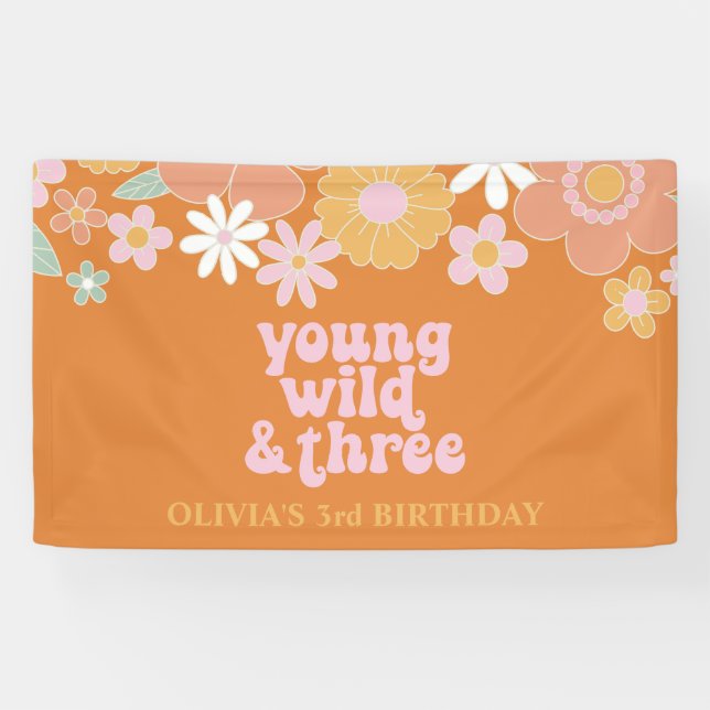 Bannière d'anniversaire Retro Floral Young Wild Th (Horizontal)