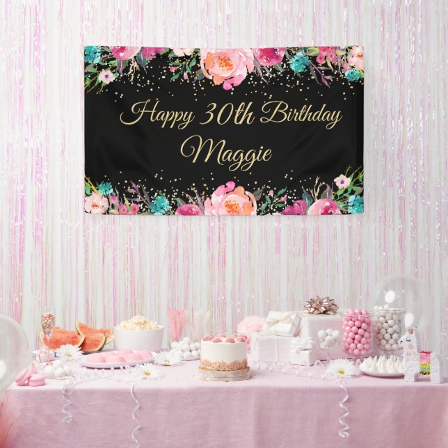 Bannière d'anniversaire rose Floral Black Gold (Fête)