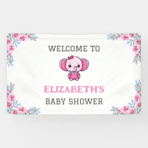Bannière de Baby Shower Fille Fleur Éléphant Rose