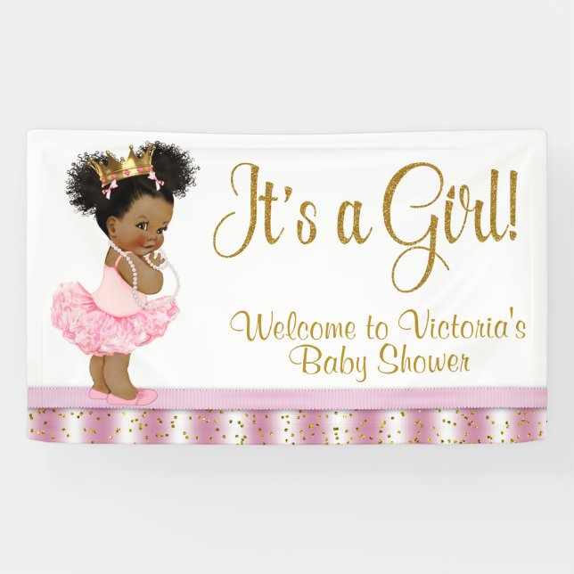Bannière de Baby Shower Fille Princesse Afro-Améri (Horizontal)