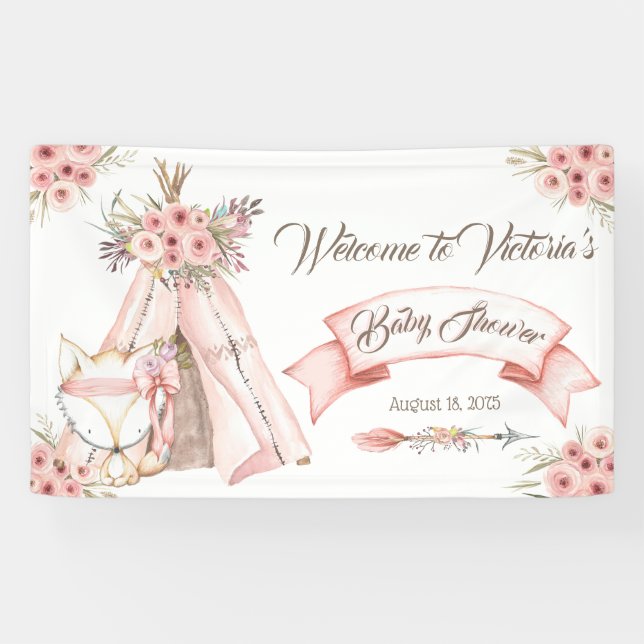 Bannière de Baby shower Girl TeePee Fox (Horizontal)