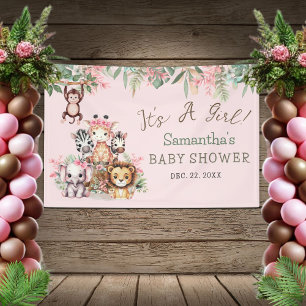 Bannière de Baby Shower Jungle Safari Rose Thème F