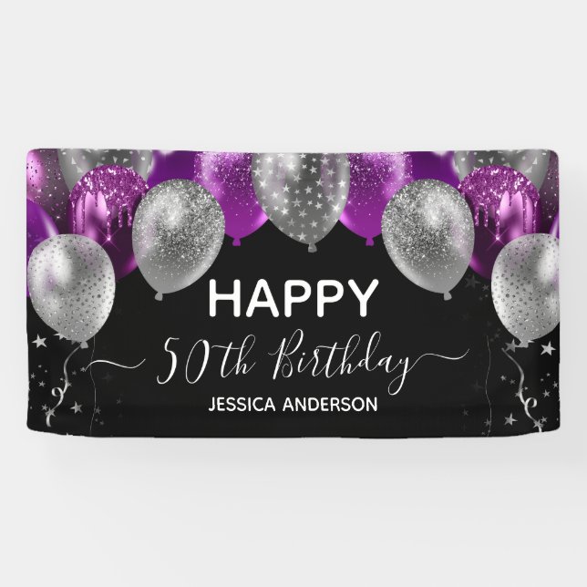Bannière de ballons argent et violet pour 50e anni (Horizontal)