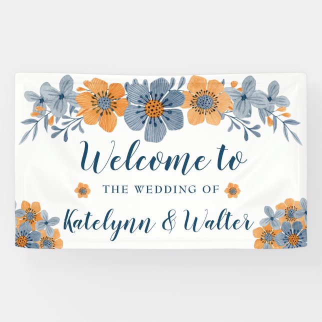 Bannière de bienvenue du Mariage aux fleurs bleues (Horizontal)