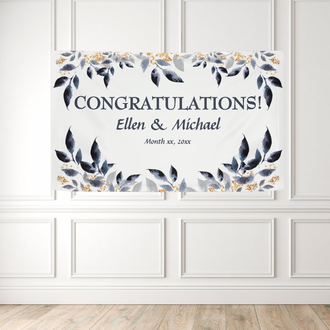 Bannière de Félicitations de Mariage Élégante Bleu (Wedding Congratulations Banner Elegant Blue Gold)
