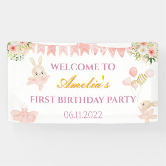 Bannière de fête d'anniversaire mignonne rose et o