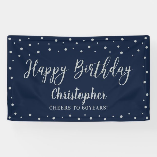 Bannière de fête d'anniversaire Silver & Navy (Horizontal)