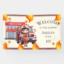 Bannière de fête de camion de pompiers Kawaii mign