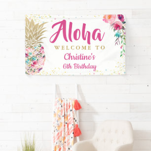 Bannière de la fête d'anniversaire Aloha Pink Go