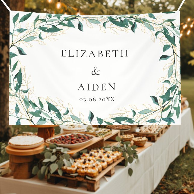 Bannière de Leafy Wedding (Elegant, leafy greenery & gold line art design, white, wedding banner with your name & date.)