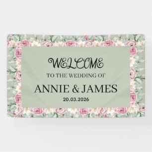 Bannière de mariage floral Vert Sauge Rose Poussié