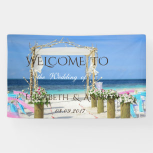 Bannière de mariage florale arborée de plage tropi
