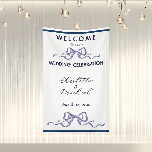 Bannière de mariage romantique ruban et noeud élég (Elegant Navy Ribbon Romantic Wedding Banner)