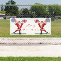 Bannière de Noël Bodybuilder Père Noël avec cadeau