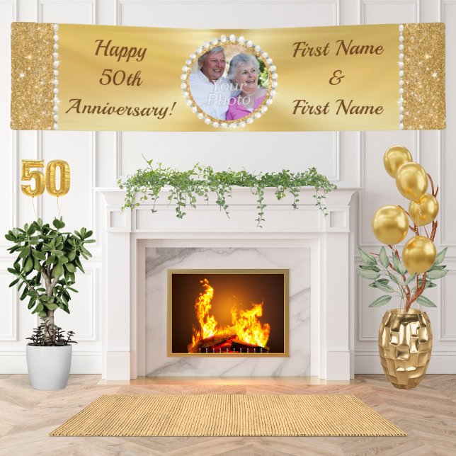 Bannière du 50e anniversaire, or magnifique (Large Personalized 50th Wedding Anniversary Banner. Golden Anniversary Decorations for Parents. )