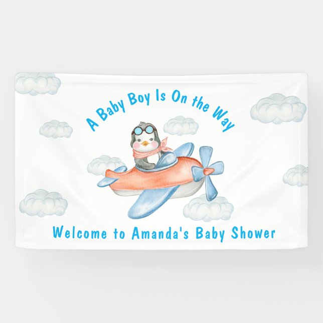 Bannière du Baby shower Blue Boy Avion Penguin (Horizontal)
