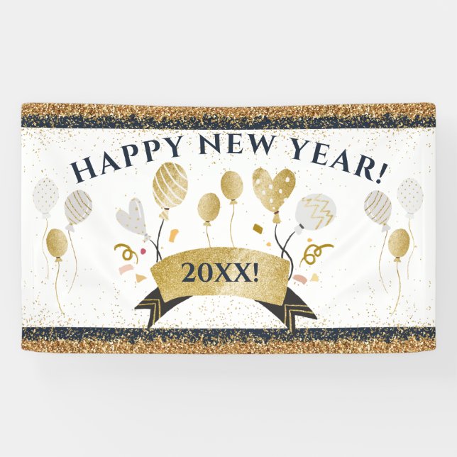 Bannière Du Nouvel An De Soirée Avec Balloirs D'Or (Horizontal)