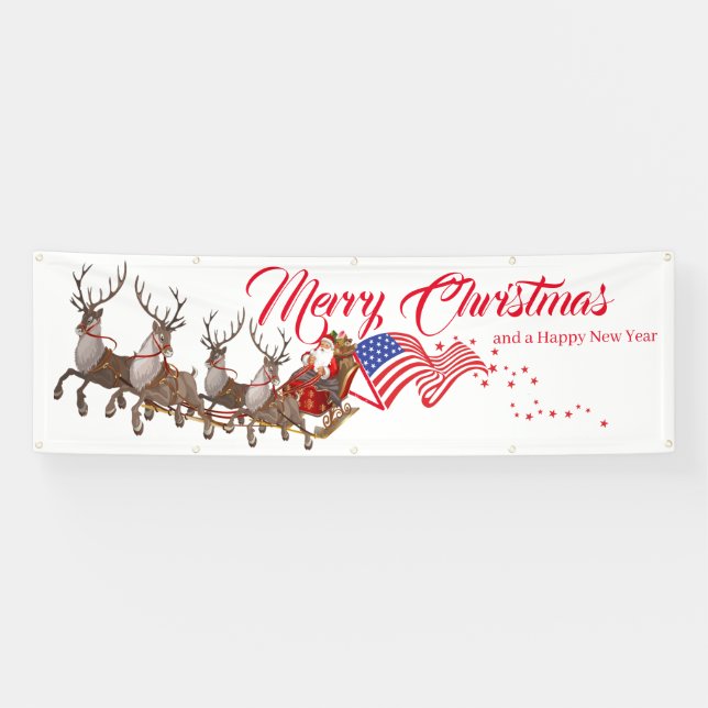 Bannière extérieure Père Noël Reindeer US Drapeau  (Horizontal)