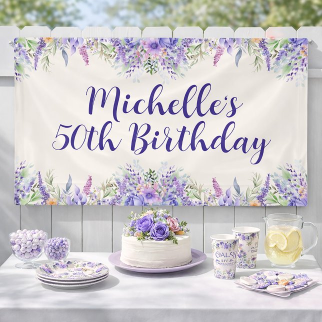 Bannière florale lilas violet pour 50e anniversair (She will love this Garden Party Birthday banner)