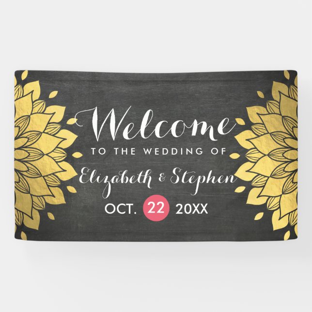 Bannière Mariage florale Chic Black & Gold (Horizontal)