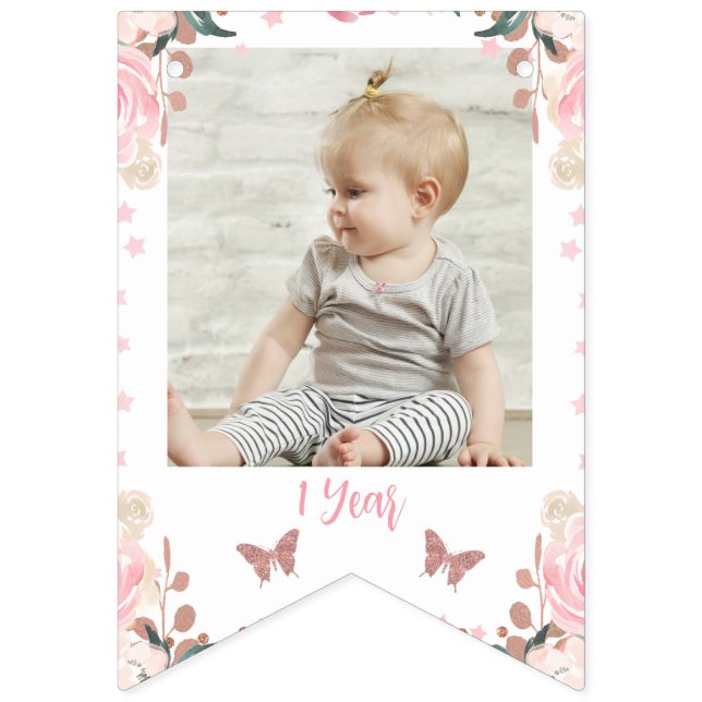 Bannière mensuelle rose Parties scintillant floral (Qunizième drapeau)