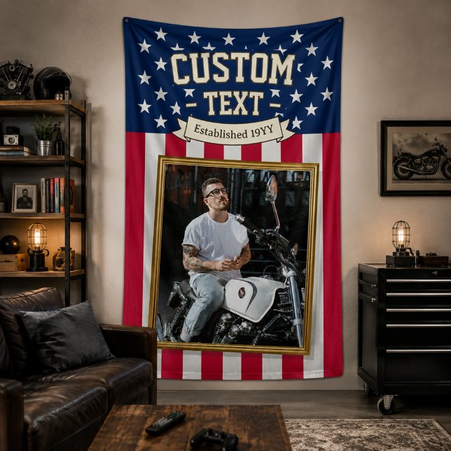 Bannière personnalisée avec photo et drapeau améri (USA Flag Custom Photo Banner, Red Blue Patriotic Banner)