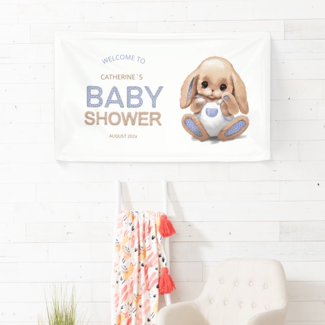 Bannière pour baby shower avec mignon lapin peluch (En situation)