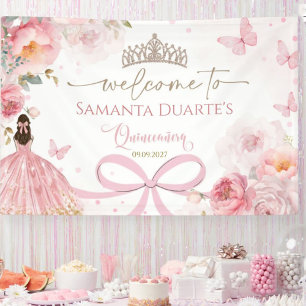 Bannière Quinceañera Rose Pâle Ruban Floral Papill