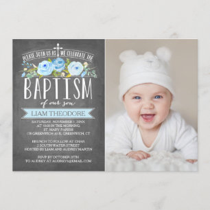 Bannière Rose Chalkboard Baptême Bleu Invitation