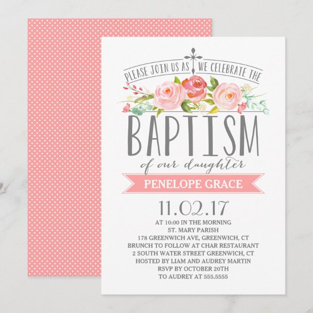 Bannière rose | Invitation au baptême de fille (Devant / Derrière)