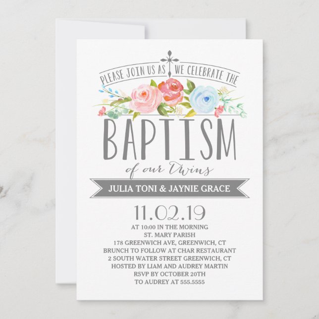 Bannière Rose| Invitation Baptême de fille jumelle (Devant)