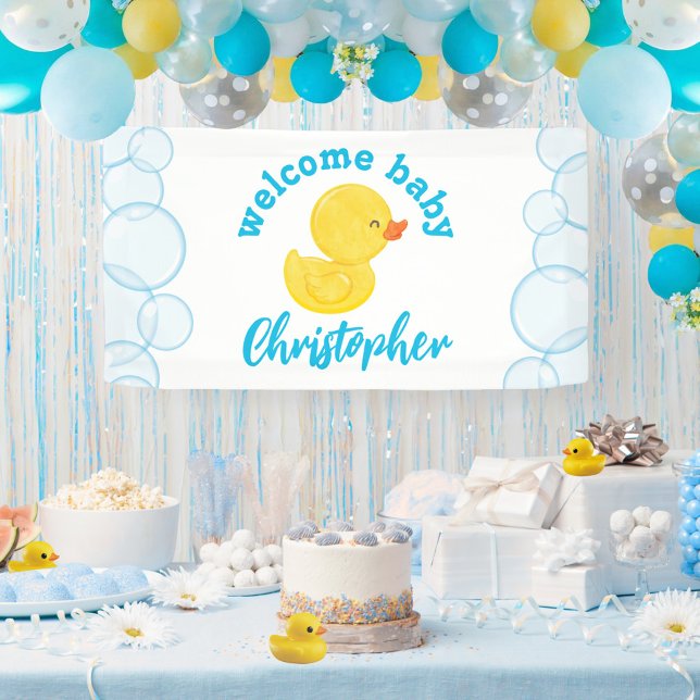 Bannière suspendue en vinyle avec nom de bébé bien (Welcome Baby Name Rubber Duck Hanging Vinyl Baby Shower Banner in White)